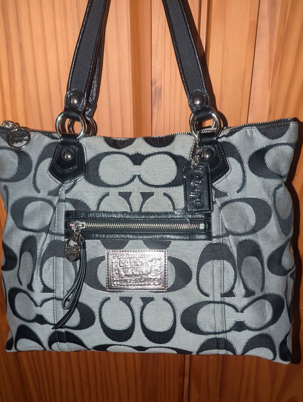 Coach Poppy Signature  Lurex Glam Gray and Black Signature Jacquard Tote  16289
